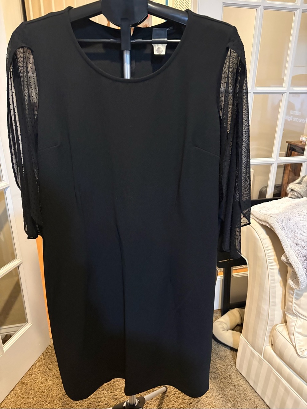 Nina Leonard Black Women's Shift Dress with Sheer Dot-Sleeves - NWT
